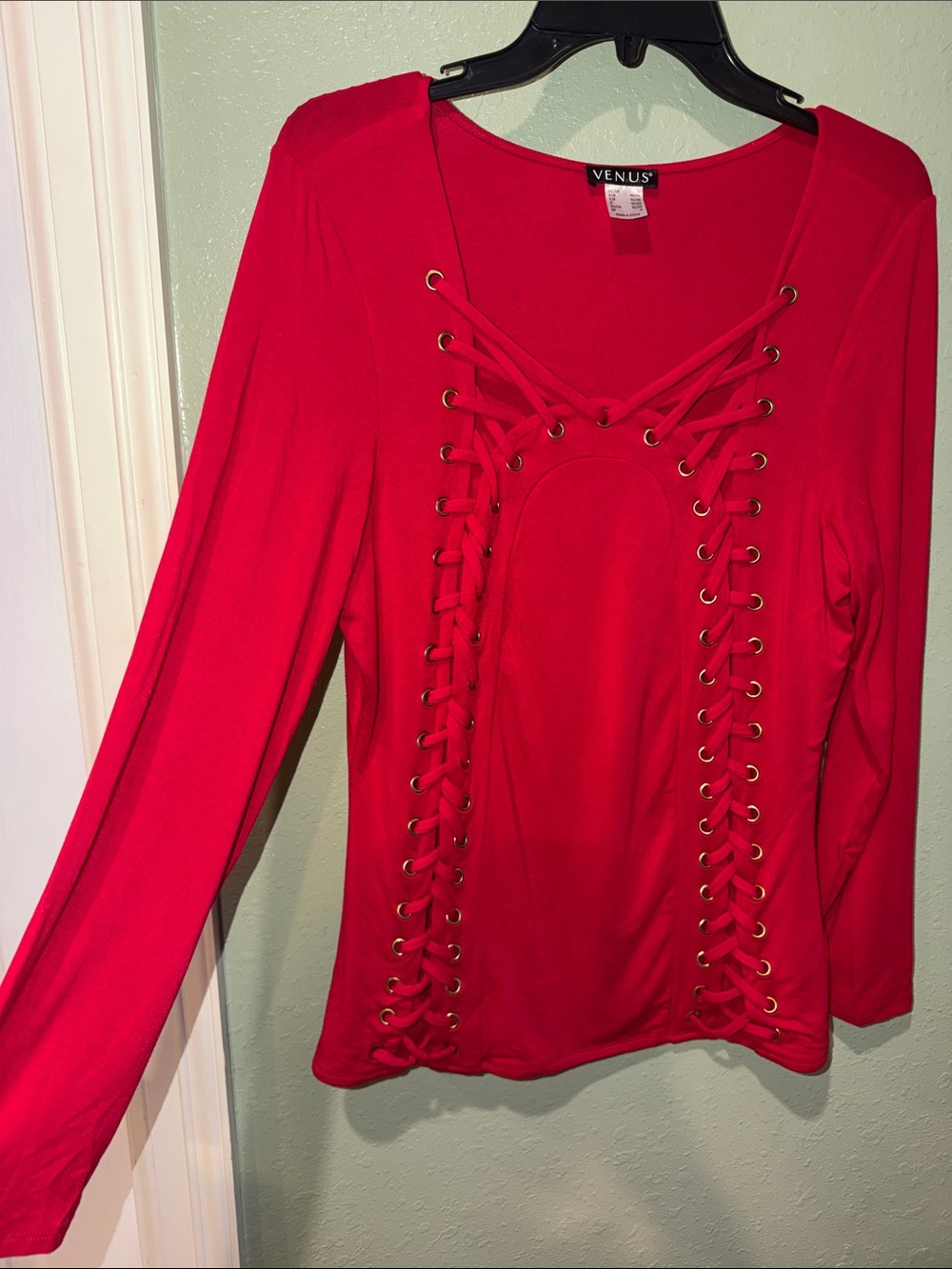 VENUS Bright Red Lace-Up Long Sleeve Top